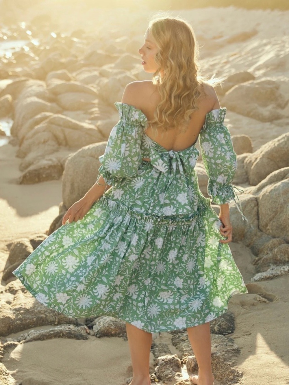 EDDY Olivia Midi Dress Green Ivory Floral Puff Sleeve Bow Back NWT Size S - Picture 6 of 15